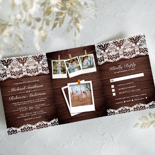 Rustikale Holz-Land-Lace-Fotocollage-Hochzeit Dreifach Gefaltete Einladung