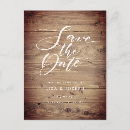 Rustikale Holz-Land-Script-Save-the-Date-Karte Postkarte (Vorderseite)