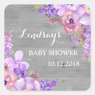 Rustikale Holz-Lavendel-Blumen-Baby-Shower-Geschen Quadratischer Aufkleber