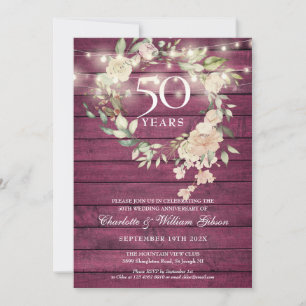 Rustikale Holz-Lichterkette Blumen 50. Hochzeitsta Einladung