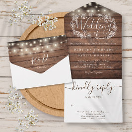 Rustikale Holz-Lichterkette Blumen Hochzeit All In One Einladung