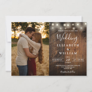 Rustikale Holz-Lichterkette Foto QR-Code Hochzeit Einladung