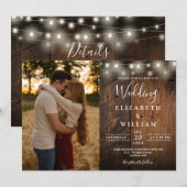 Rustikale Holz-Lichterkette Foto QR-Code Hochzeit Einladung (Vorne/Hinten)
