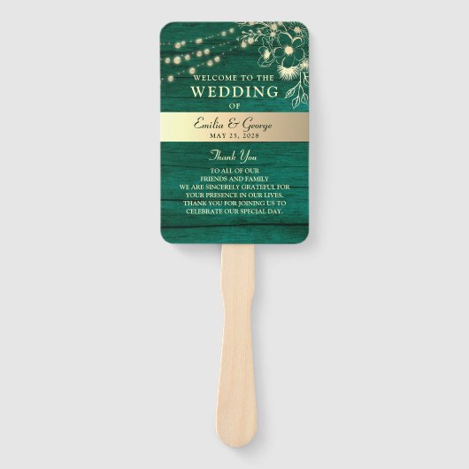 Rustikale Holz-Lichterkette Hochzeitsprogramm-Hand Fächer (Vorderseite)