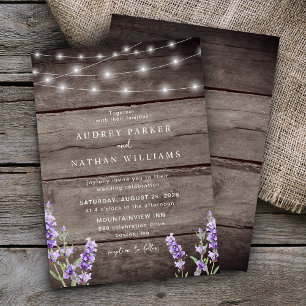 Rustikale Holz-Lichterkette Lavendel-Hochzeit Einladung