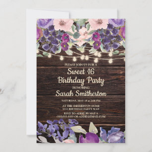 Rustikale Holz-Lichterkette Lila Blumen Sweet 16 Einladung