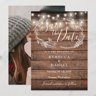 Rustikale Holz-Lichterkette mit Blumen für Hochzei Save The Date