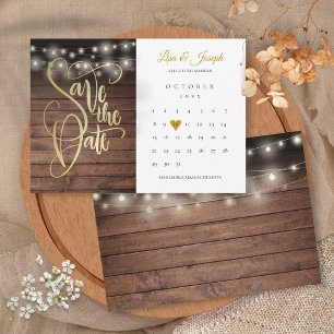 Rustikale Holz-Lichterkette mit Kalender und golde Save The Date