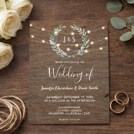 Rustikale Holz-Lichterkette Monogramm Landhochzeit Einladung