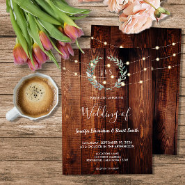 Rustikale Holz-Lichterkette Monogramm Landhochzeit Einladung
