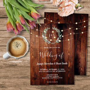 Rustikale Holz-Lichterkette Monogramm Landhochzeit Einladung