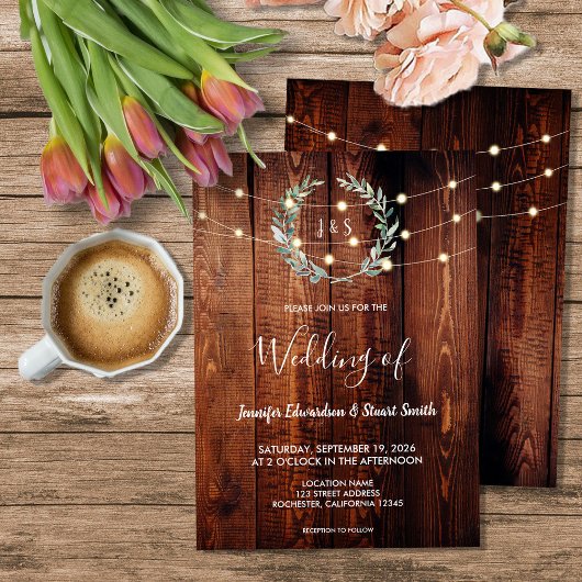 Rustikale Holz-Lichterkette Monogramm Landhochzeit Einladung