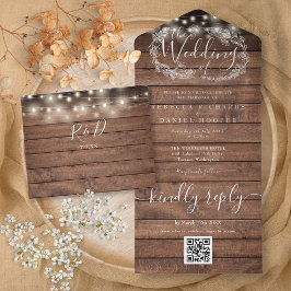 Rustikale Holz-Lichterkette QR-Code Florale Hochze All In One Einladung