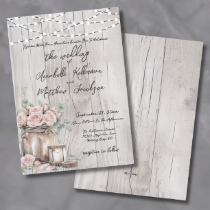 Rustikale Holz-Lichterkette Rosen Landhochzeit Einladung