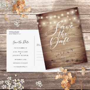 Rustikale Holz-Lichterkette Save-the-Date-Einladun Postkarte