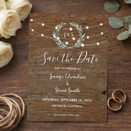 Rustikale Holz-Lichterkette Save the Date Magneteinladung