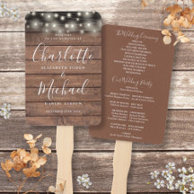 Rustikale Holz-Lichterkette-Script-Hochzeitsprogra
