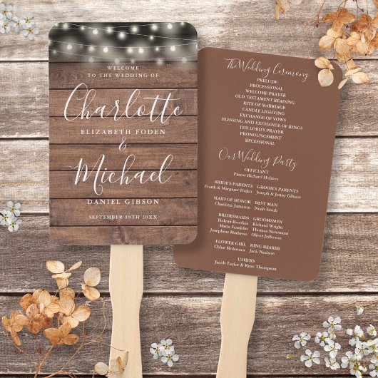 Rustikale Holz-Lichterkette-Script-Hochzeitsprogra Fächer