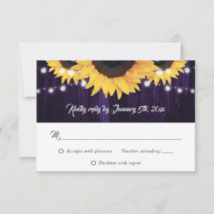 Rustikale Holz-Lichterkette Sonnenblume Lila Hochz RSVP Karte
