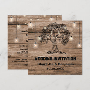 Rustikale Holz-Lichterketten & Baumhochzeit Einladung