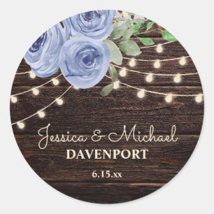 Rustikale Holz-Lichterketten Blaue Blumen Hochzeit Runder Aufkleber