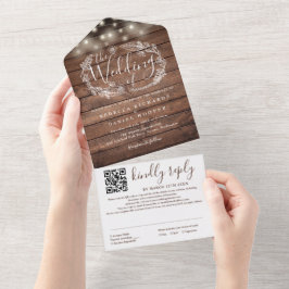 Rustikale Holz-Lichterketten-Blumen-Hochzeit mit Q All In One Einladung