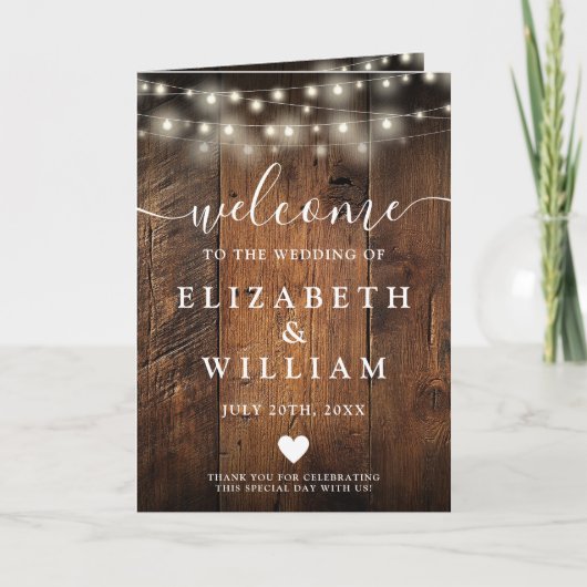 Rustikale Holz-Lichterketten Boho-Hochzeit Programm (Vorderseite)