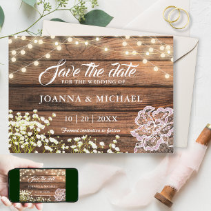 Rustikale Holz-Lichterketten & Landhaus-Lace Save The Date