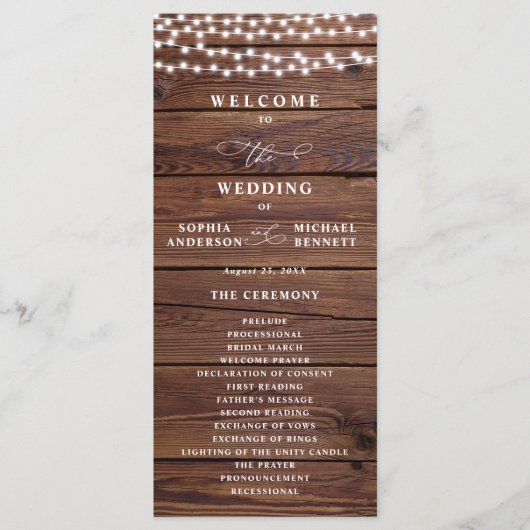 Rustikale Holz-Lichterketten Mason Jar Hochzeit Programm (Vorderseite)