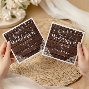 Rustikale Holz-Lichterketten Spitze Hochzeitsservi Serviette
