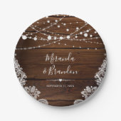 Rustikale Holz-Lichterketten und Spitze Hochzeit Pappteller (Vorderseite)
