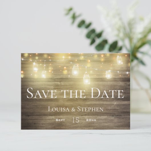 Rustikale Holz- & Lights Mason Jar Save the Date K (Stehend Vorderseite)