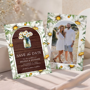 Rustikale Holz-Margeriten Florale Mason-Glas-Foto- Save The Date