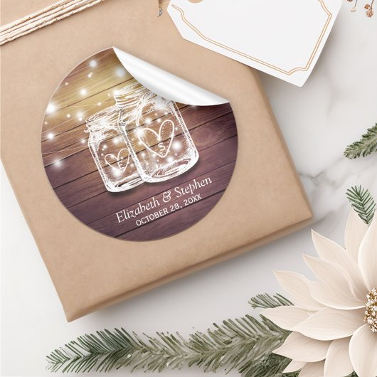 Rustikale Holz Mason Jar String Lights Gastgeschen Runder Aufkleber