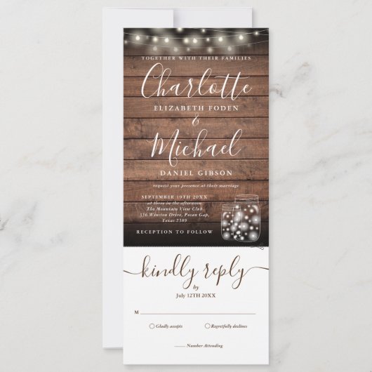 Rustikale Holz-Mason-Jars leuchten alle auf einer Einladung (Vorderseite)