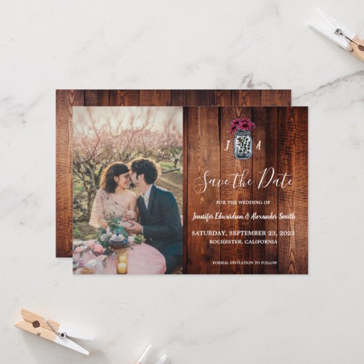 Rustikale Holz-Monogramm-Foto-Save-the-Date-Anzeig Einladung (Vorderseite/Rückseite Beispiel)