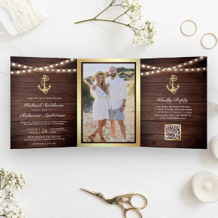 Rustikale Holz-Nautik-Gold-Anker-QR-Code-Hochzeit Dreifach Gefaltete Einladung