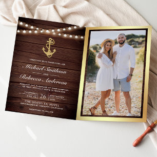 Rustikale Holz-Nautik-Gold-Anker-QR-Code-Hochzeit Einladung