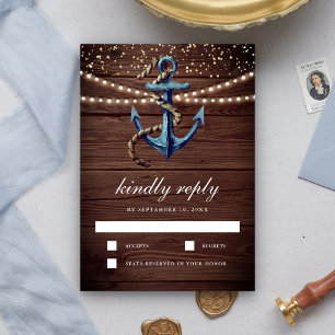 Rustikale Holz-Navy-Blau-Anker-nautische Hochzeit RSVP Karte
