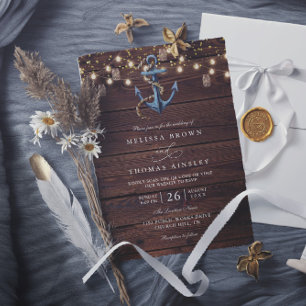 Rustikale Holz Navy Blau Anker QR-Code Hochzeit Einladung