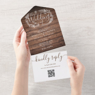Rustikale Holz-QR-Code-Monogramm-Floral-Hochzeit All In One Einladung