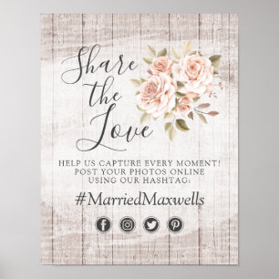 Rustikale Holz Romantische Rosen Hochzeit Hashtag Poster