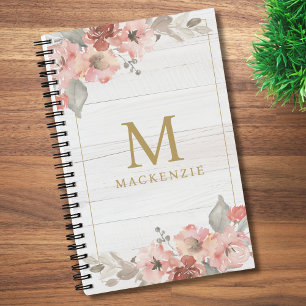Rustikale Holz-Rosa-Blumen-Aquarell-Monogramm Notizblock