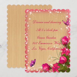 Rustikale Holz-Rosa-Blumen-Hochzeitsempfang Einladung