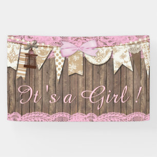 Rustikale Holz-Rosa-Spitze-Mädchen-Baby-Party Banner