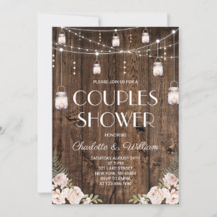 Rustikale Holz-Rosé-Blumen-Paar-Dusche Einladung