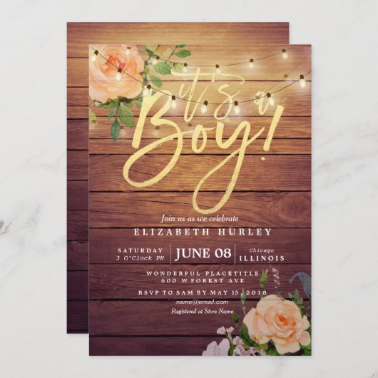 Rustikale Holz-Rose Blumenstrauß-Kinderdusche Einladung (Vorne/Hinten)