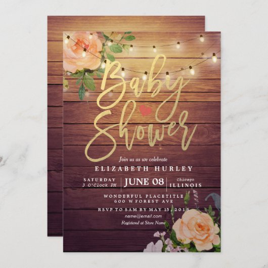 Rustikale Holz-Rose Blumenstrauß-Kinderdusche Einladung (Vorne/Hinten)