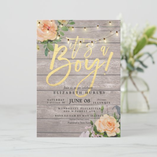 Rustikale Holz-Rose Blumenstrauß-Kinderdusche Einladung (Stehend Vorderseite)