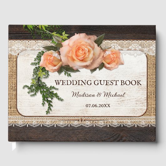Rustikale Holz-Rose Romantische Hochzeit Gästebuch (Vorderseite)